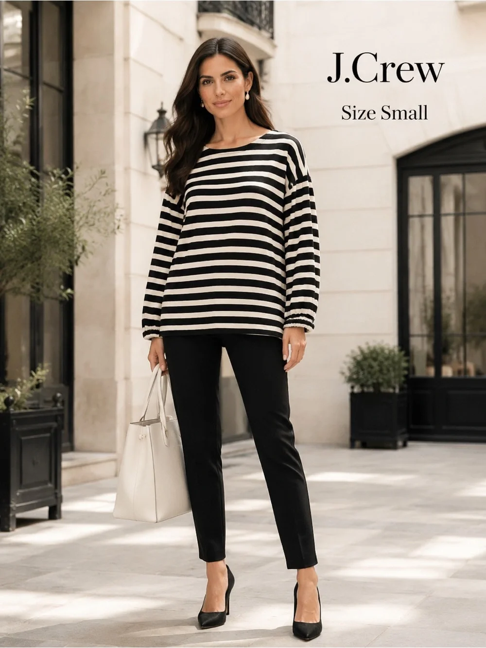 J.Crew Black Ivory Striped Cotton Puff Sleeve Top Small